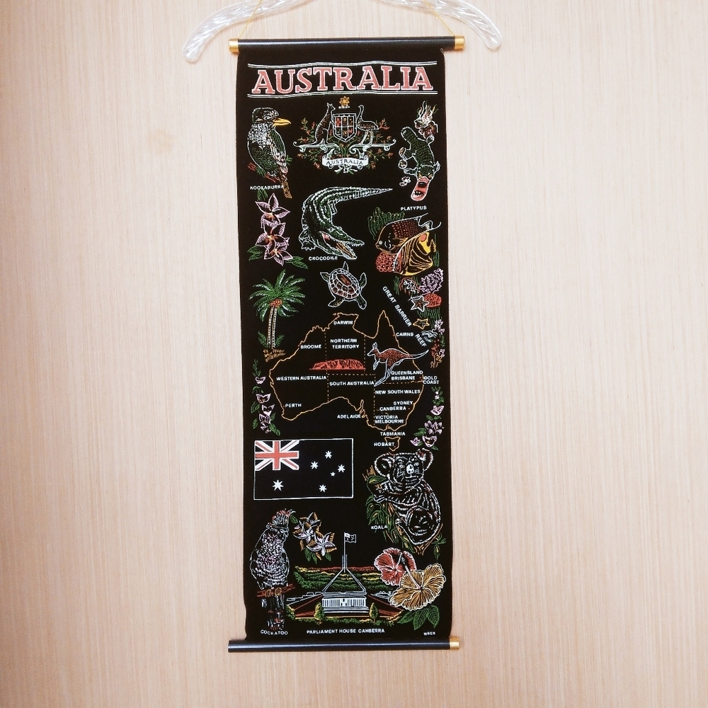 Vintage Australia Black Velvet Felt Scroll Wall Art Glitter 70s Souvenir